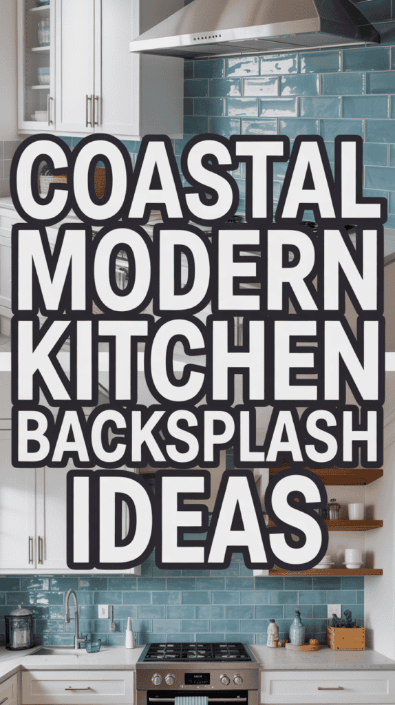 Text reading "Coastal Modern Kitchen Backsplash Ideas" over a kitchen with blue tile backsplash and white cabinets.