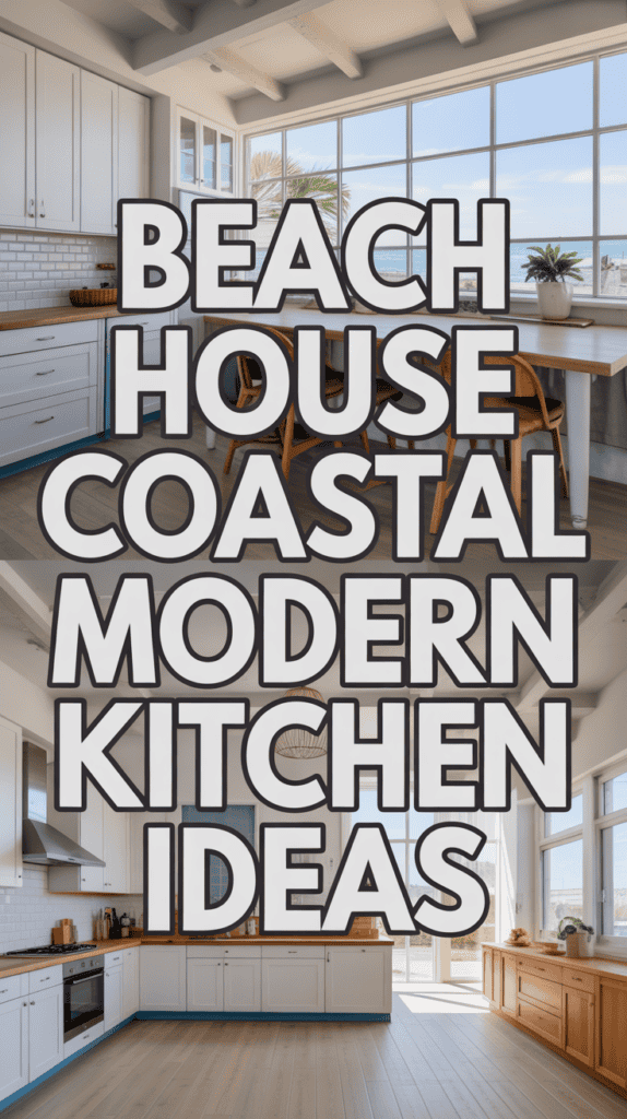 Large text overlaying a bright, airy kitchen with white cabinets, wood accents, and ocean views through large windows.