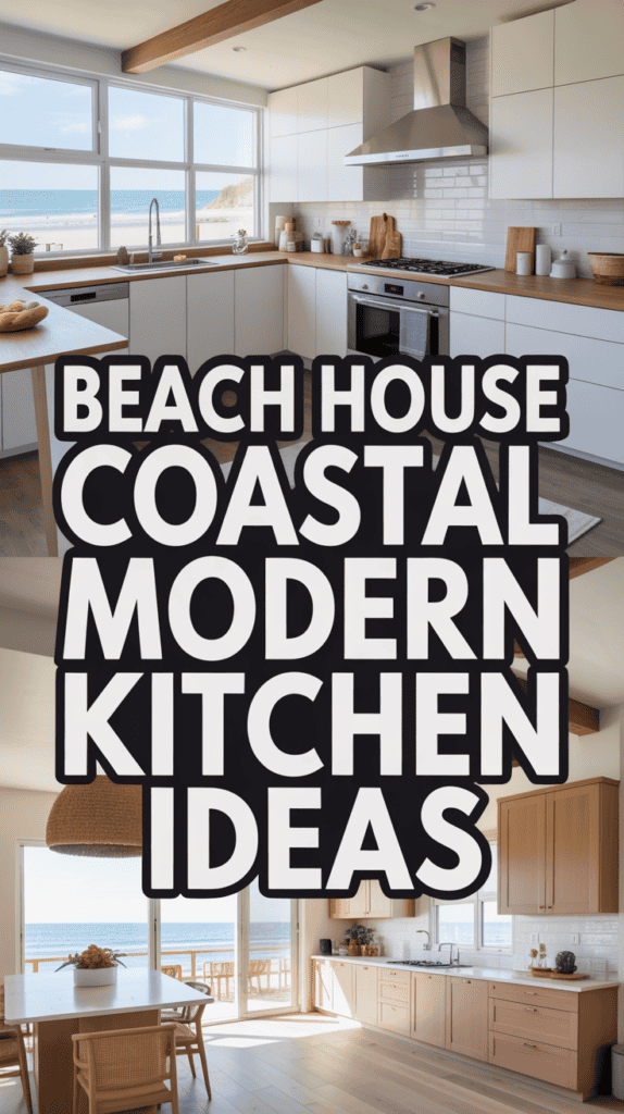 A modern kitchen with coastal decor, featuring large windows with an ocean view and minimalist white cabinetry.