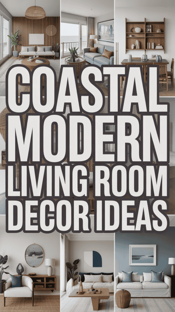Collage of coastal modern living rooms featuring text: "Coastal Modern Living Room Decor Ideas."