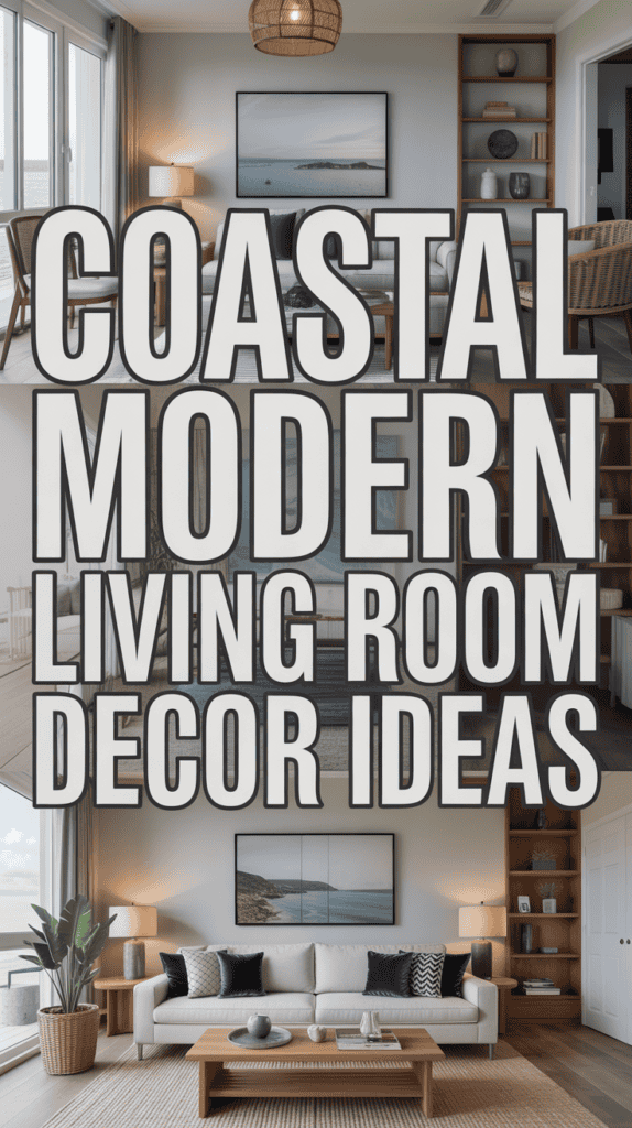 Text reading "Coastal Modern Living Room Decor Ideas" over images of living rooms with coastal decor.
