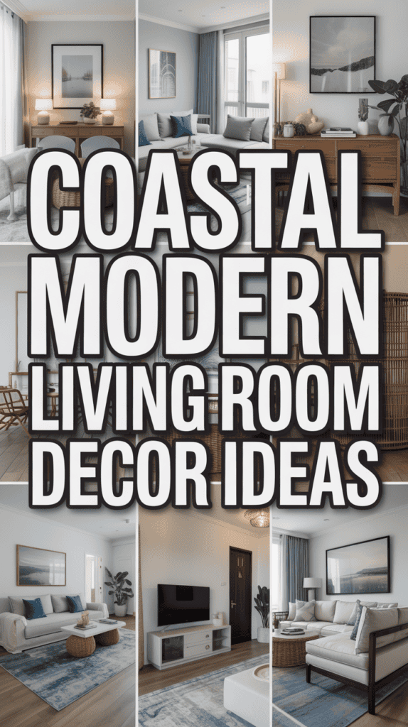 Collage of stylish living rooms with different coastal décor, featuring neutral colors, wooden furniture, and beach-themed accents.