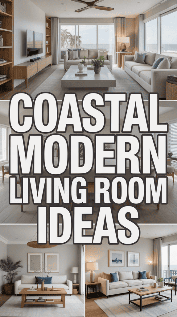 Modern coastal living room ideas with neutral tones, large windows, and beach views showcased in an image collage.