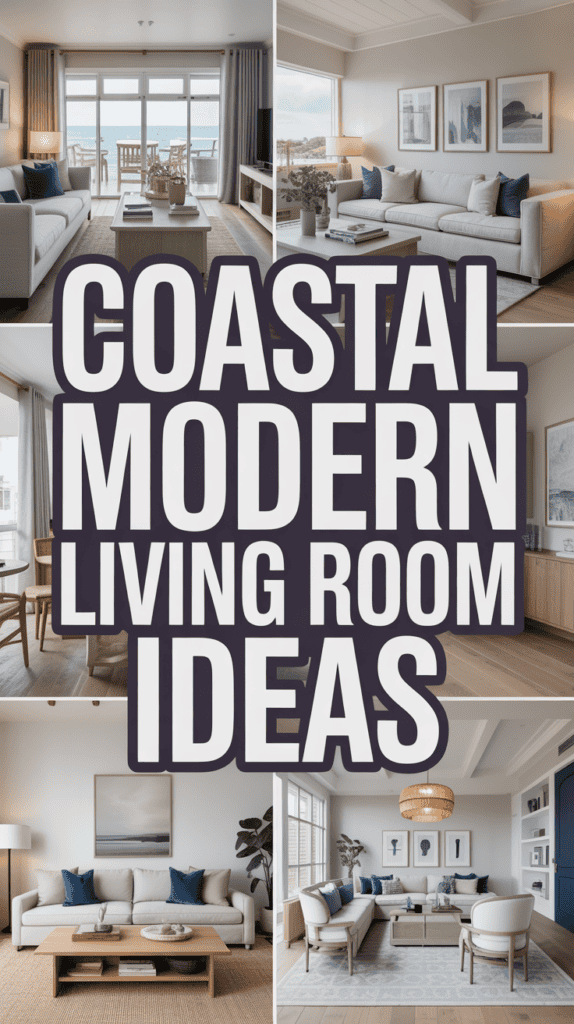 Collage of coastal modern living rooms with a central text overlay reading "Coastal Modern Living Room Ideas."