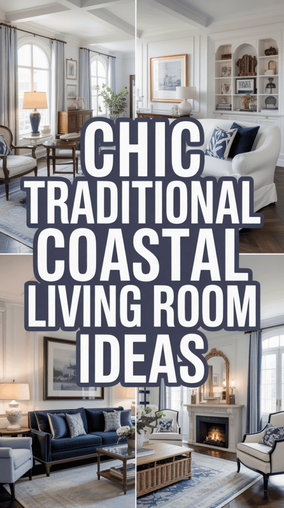 Collage of chic coastal living room designs with sofas, decorative pillows, and elegant lighting.