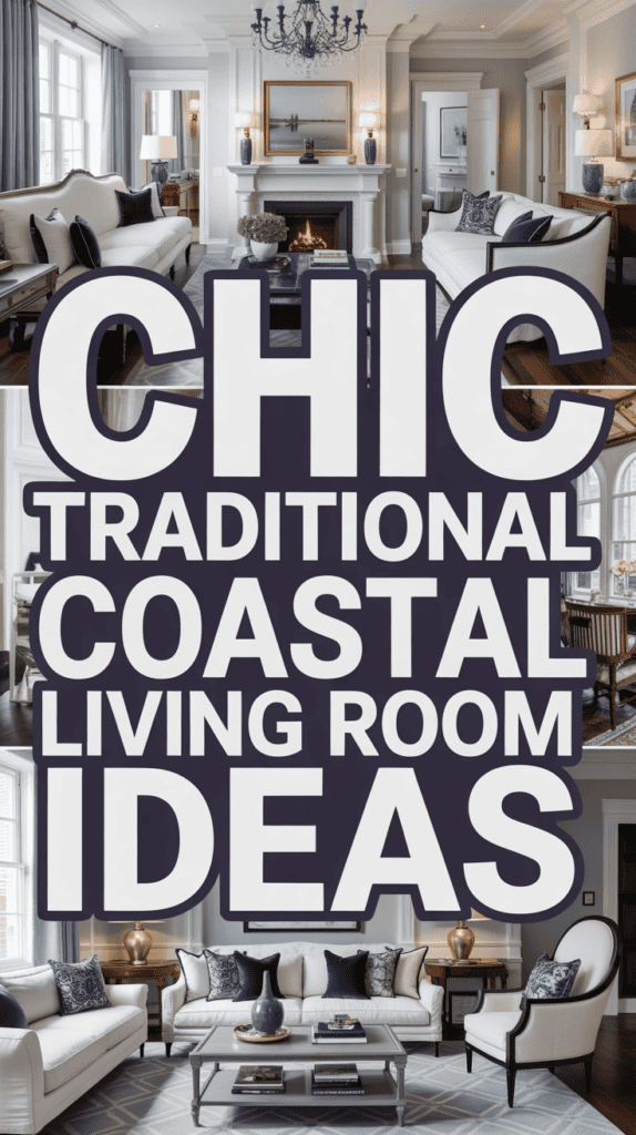 Stylish living room with coastal decor featuring a fireplace, elegant furniture, and large text overlay: "Chic Traditional Coastal Living Room Ideas."