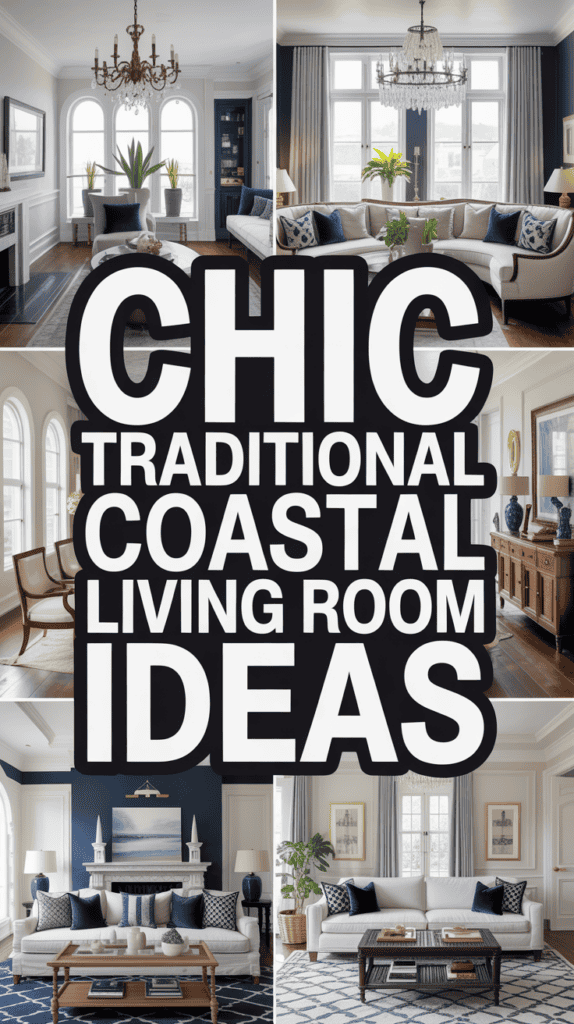 Collage of coastal living rooms with large text saying "Chic Traditional Coastal Living Room Ideas."