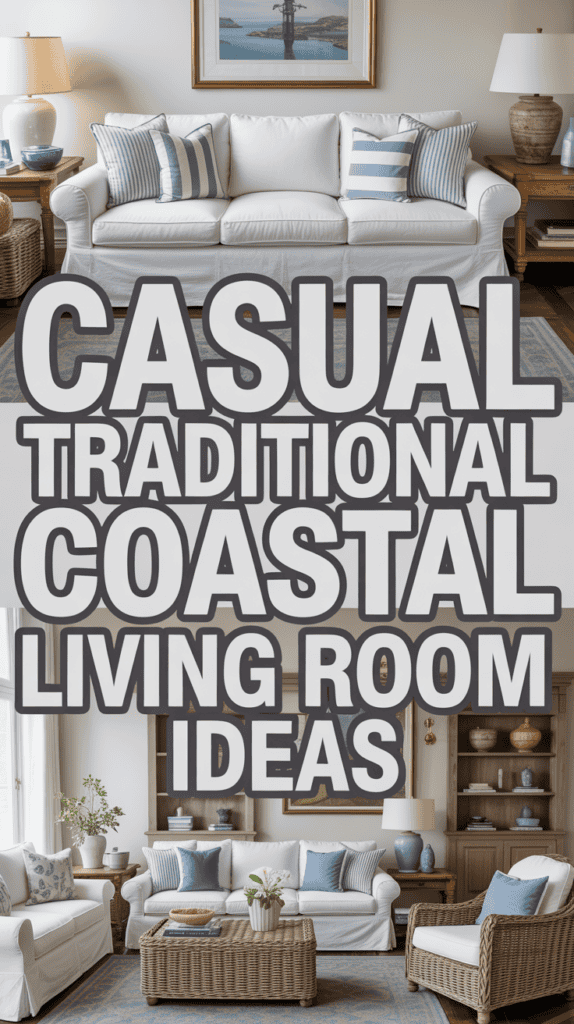 Living room with white sofa, blue-striped cushions, wicker furniture, nautical decor, and text: "Casual Traditional Coastal Living Room Ideas."
