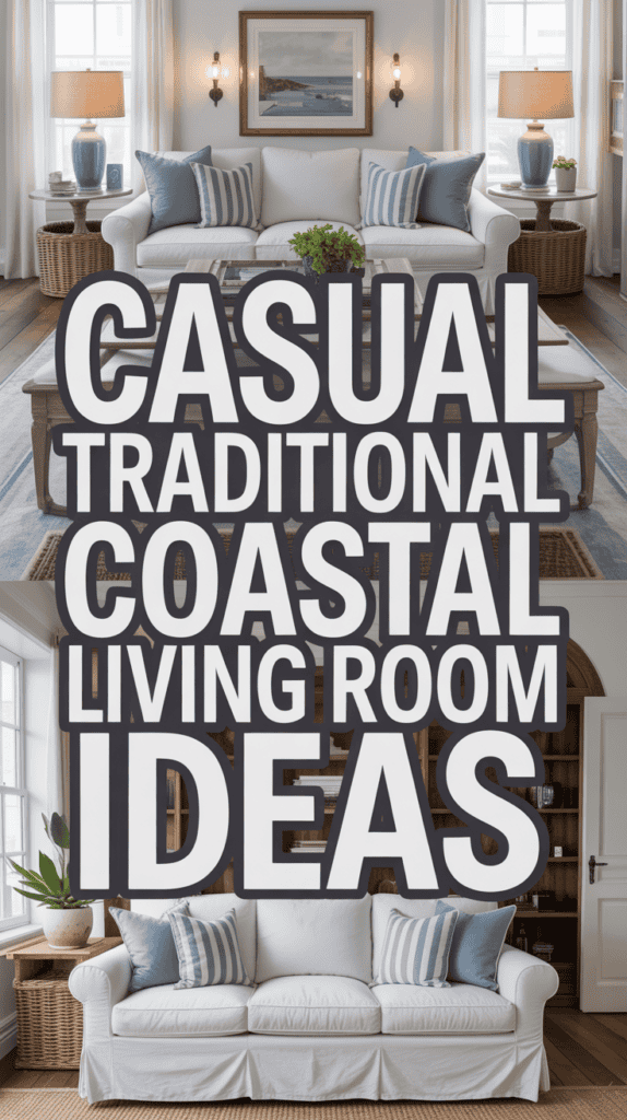 Split image of two casual coastal living rooms with white sofas, blue-striped pillows, and coastal decor; text reads "Casual Traditional Coastal Living Room Ideas."