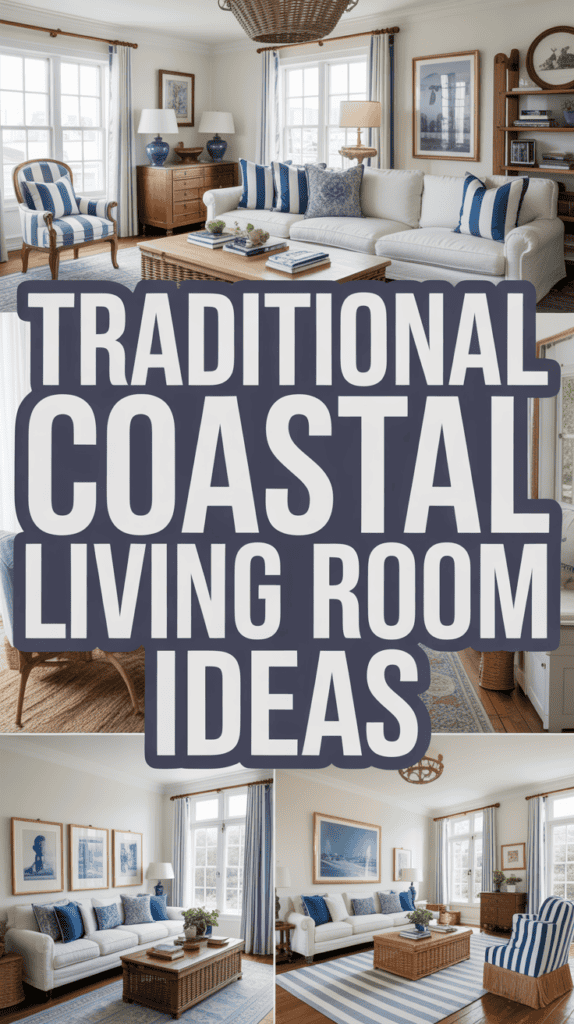 Collage of coastal living room designs featuring nautical decor, striped furniture, and a large text overlay reading "Traditional Coastal Living Room Ideas."