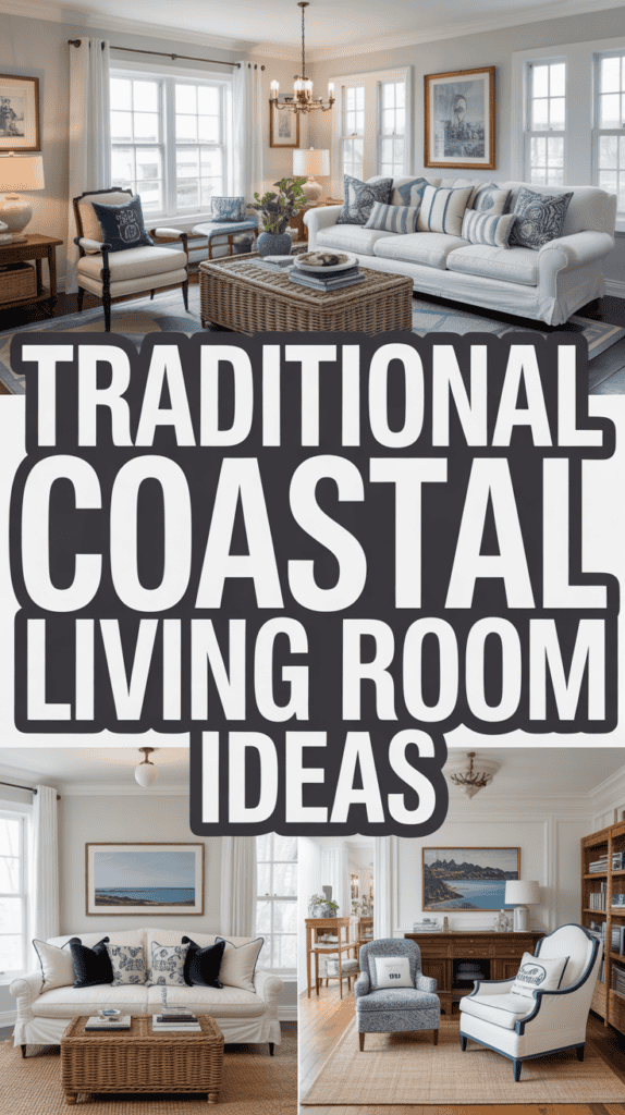 A collage of traditional coastal living room ideas with blue and white decor, wicker accents, and elegant furnishings.