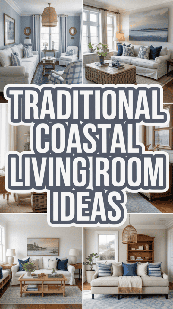 Collage of traditional coastal living rooms with neutral tones, blue accents, wicker furniture, and ocean-themed decor.