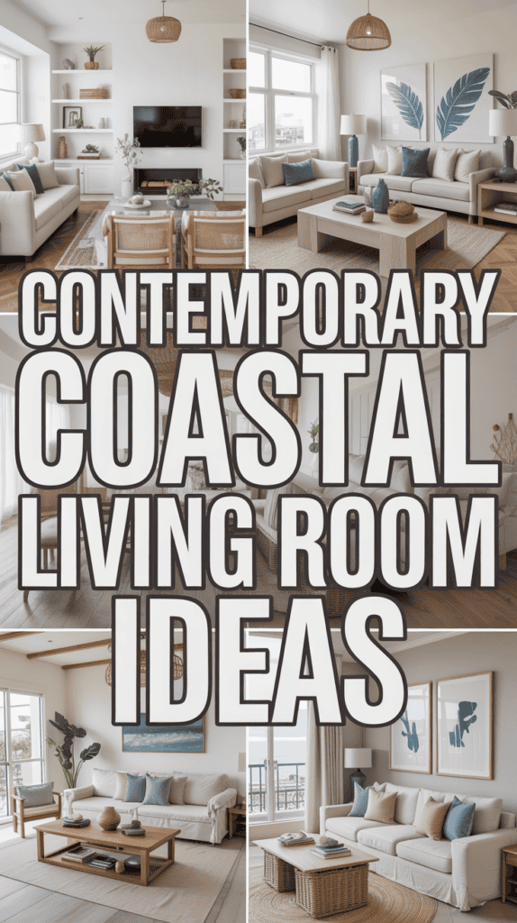 Collage of contemporary coastal living rooms with minimalist decor and natural elements, overlaid with the text "Contemporary Coastal Living Room Ideas."