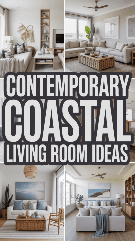 Collage of modern coastal living rooms, featuring neutral tones, beach-themed decor, and ample natural light.