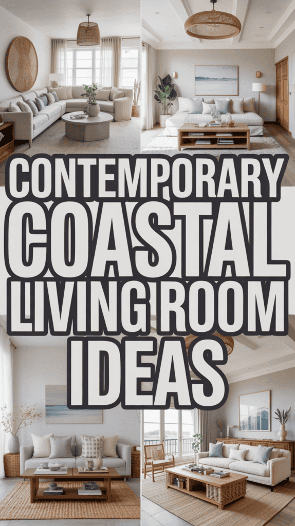 Collage of contemporary coastal living room ideas with neutral tones, wicker furniture, and large windows.