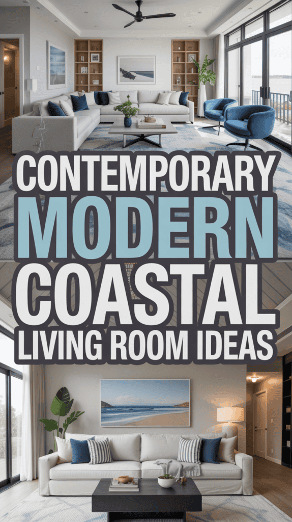 A contemporary living room featuring large windows, a beige sectional sofa, blue armchairs, and modern décor elements.