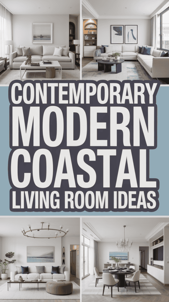 A collage of elegant living rooms featuring modern coastal designs, with text in the center reading "Contemporary Modern Coastal Living Room Ideas".