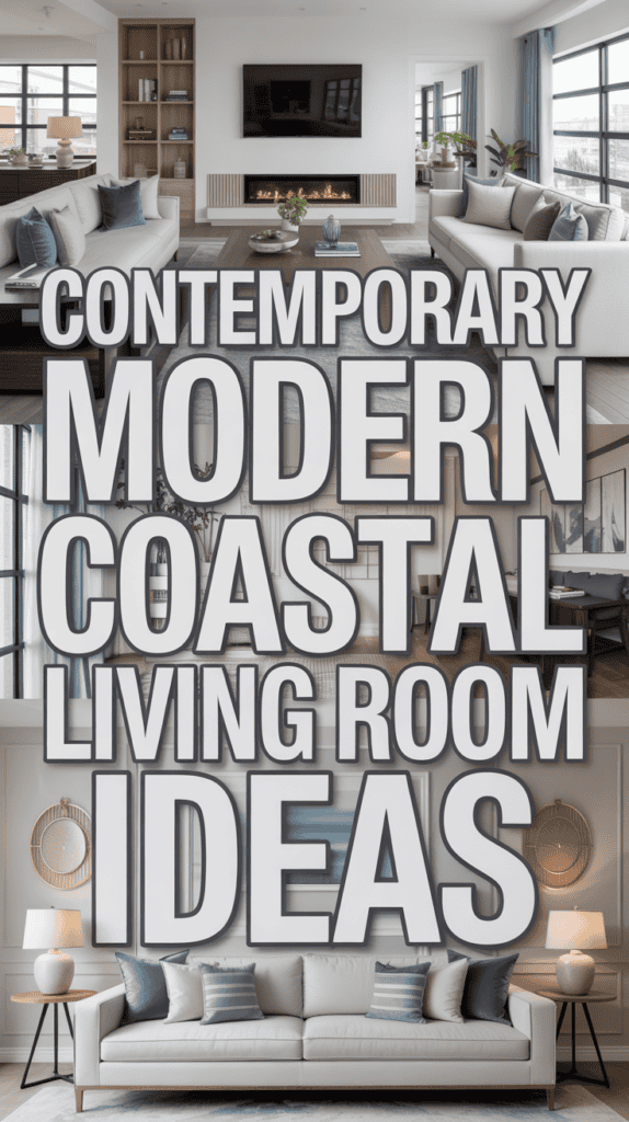 Living room interior with coastal decor, featuring sofas, a fireplace, large windows, and text overlay about design ideas.