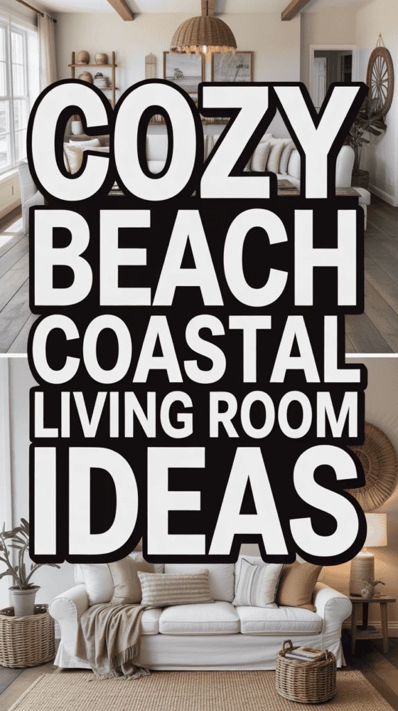 Text reading "Cozy Beach Coastal Living Room Ideas" over images of a living room with beach-themed decor.