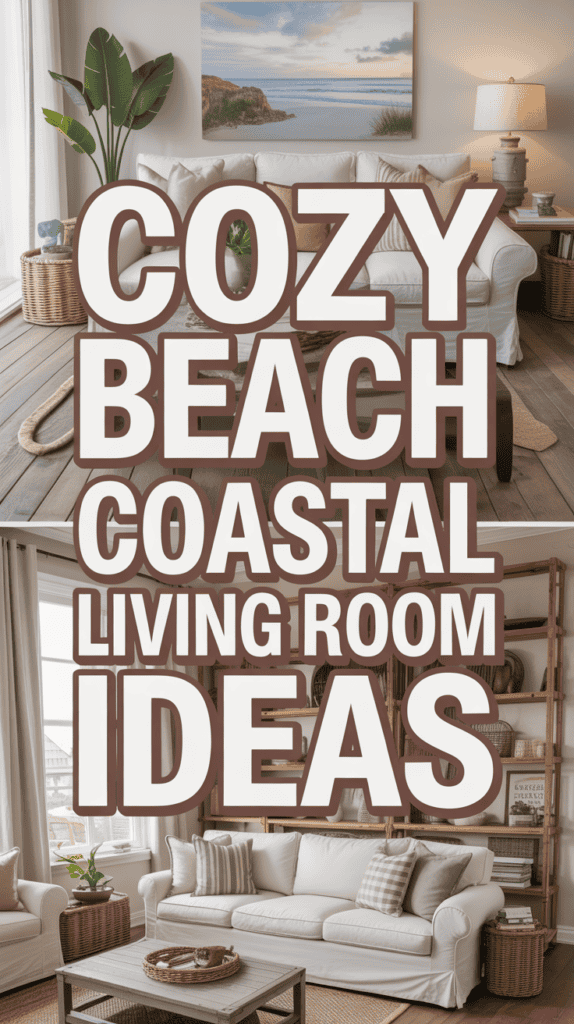 A coastal-themed living room with white sofas, wicker baskets, and beach-inspired decor. Large text reads "Cozy Beach Coastal Living Room Ideas."