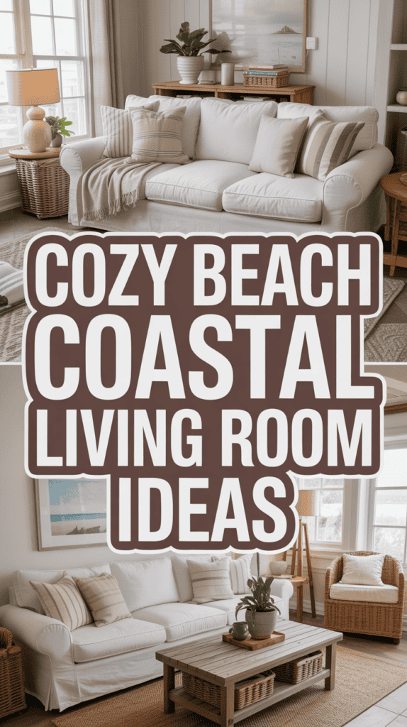 Beige and white coastal living room with a white sofa, wicker furniture, and ocean-themed decor.