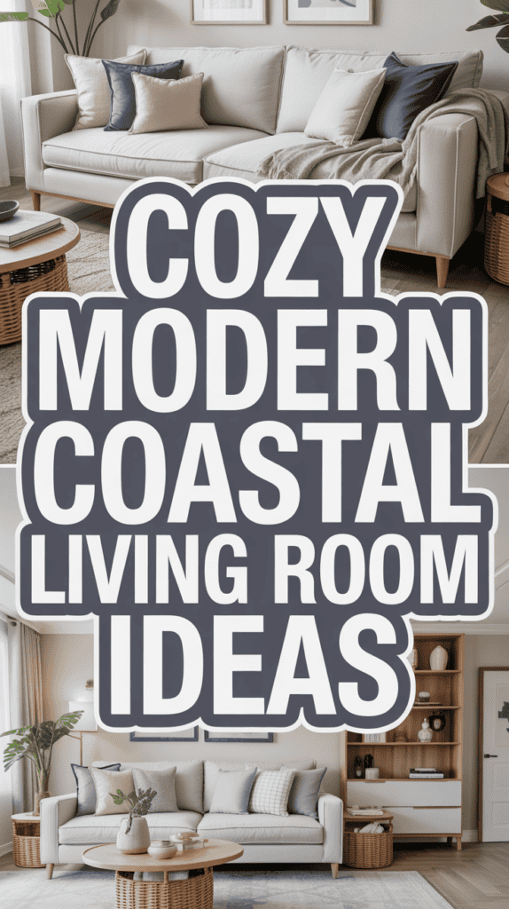 Living room with a light gray sofa, coastal decor, wicker elements, and large "Cozy Modern Coastal Living Room Ideas" text overlay.