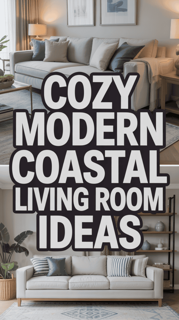Text overlay reading "Cozy Modern Coastal Living Room Ideas" over a stylish living room with neutral furniture and blue accents.