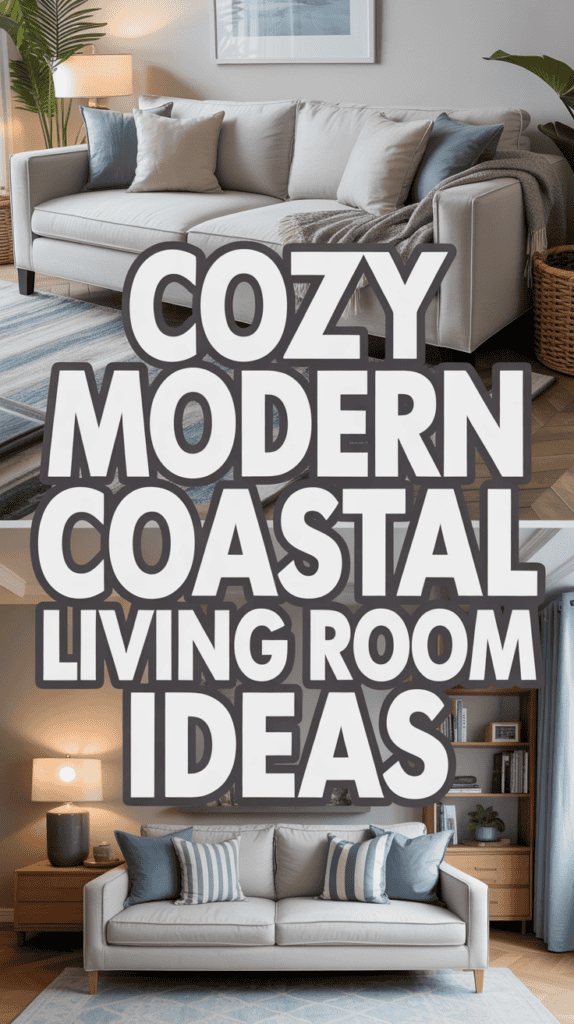 Two stylish living room setups with neutral sofas, beach-inspired decor, and large text reading "Cozy Modern Coastal Living Room Ideas."