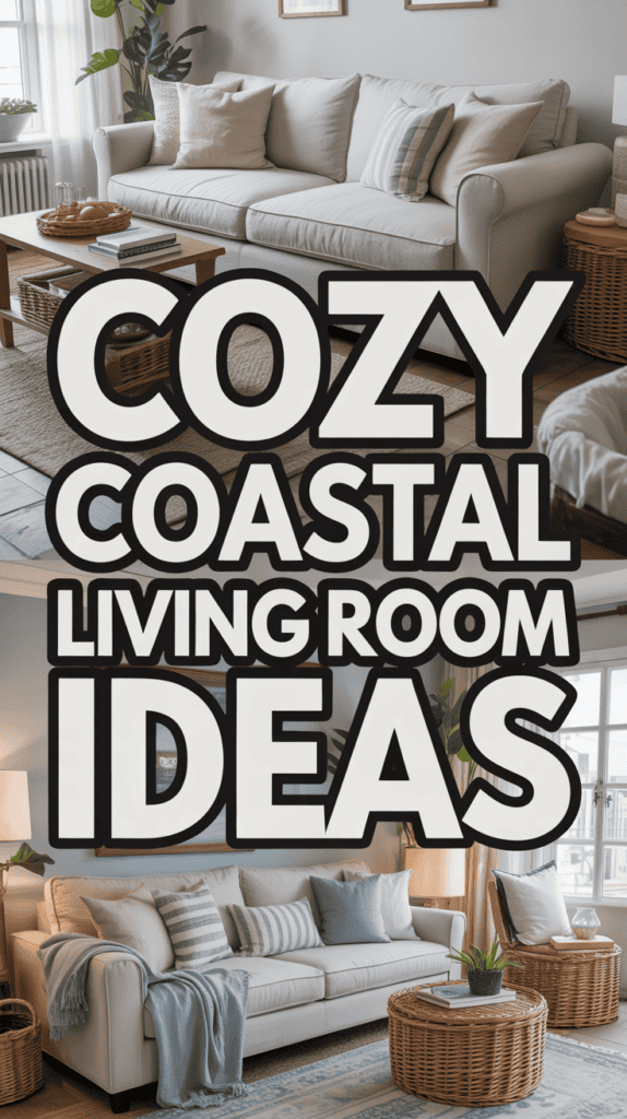 Beige and light blue coastal living room with a comfortable sofa, striped pillows, wooden coffee tables, and coastal decor.