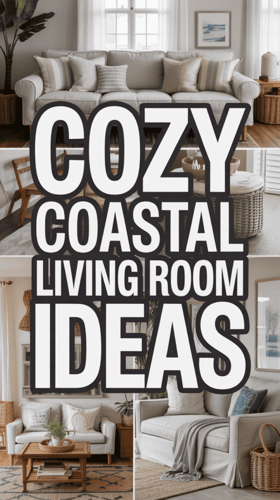 Collage of coastal-themed living rooms with neutral tones, wicker furniture, and text: "Cozy Coastal Living Room Ideas."