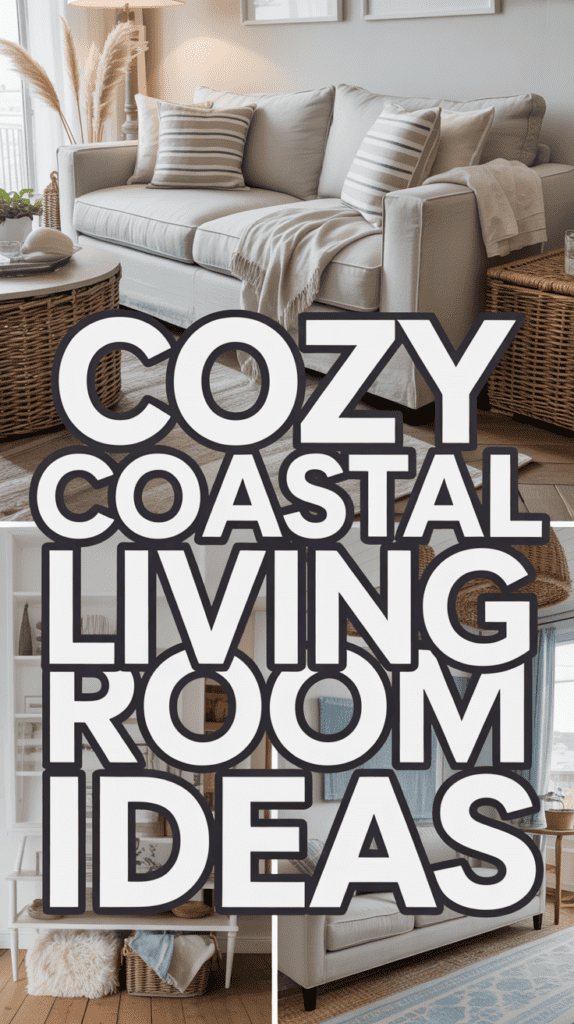 Stylish living room with a coastal theme, featuring a light-colored sofa and rattan furniture. Text reads, "Cozy Coastal Living Room Ideas."