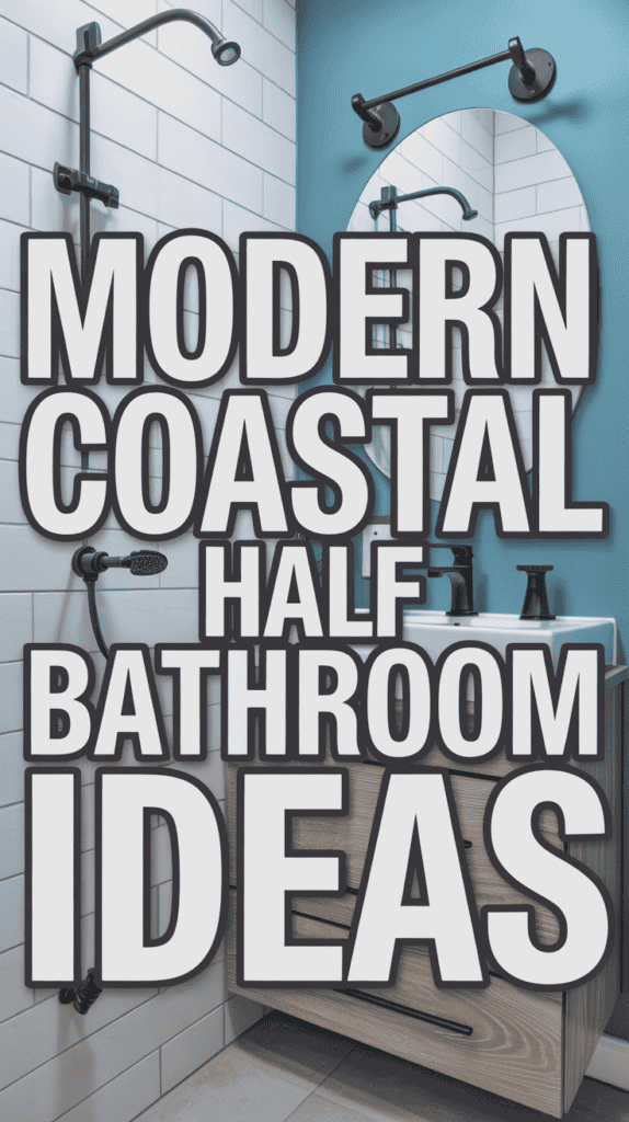 Bathroom with sleek fixtures, white tiles, and wood vanity; overlaid text reads "Modern Coastal Half Bathroom Ideas."