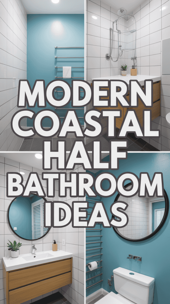 Modern coastal bathroom with teal walls, white tiles, round mirror, wooden vanity, towel rack, and small plant.