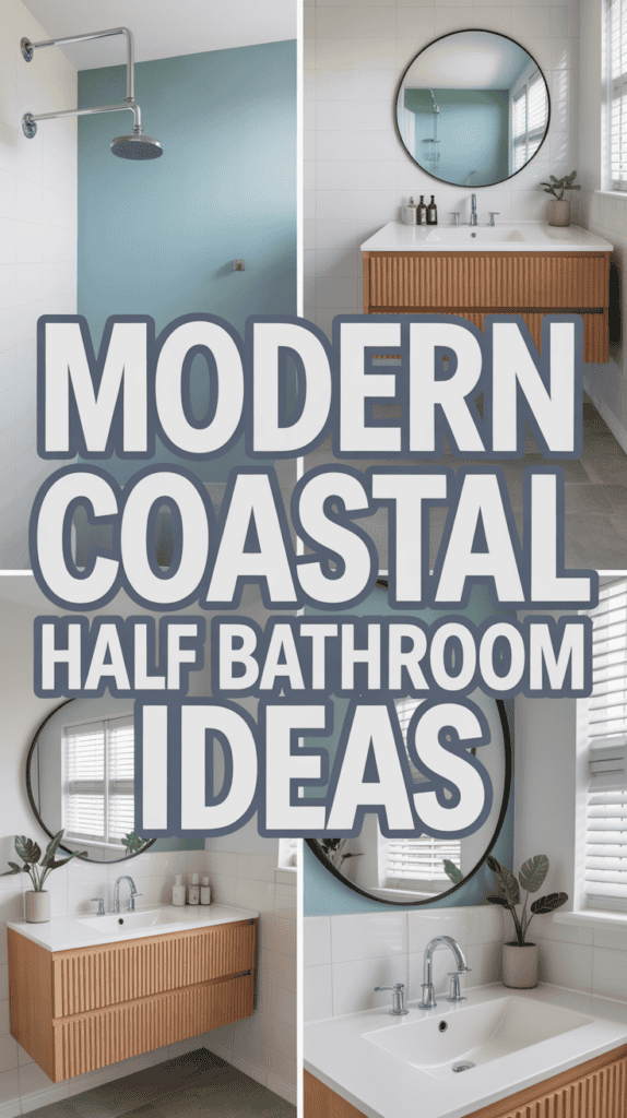 Collage of a modern coastal half bathroom with a shower, wooden vanity, circular mirror, and decorative plants.