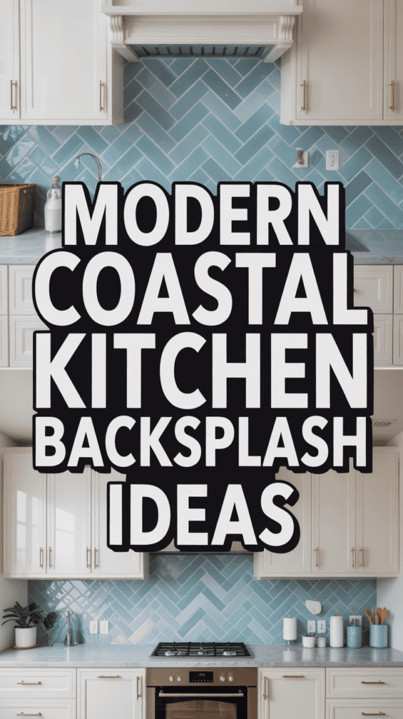 Text overlay on a kitchen with blue herringbone tile backsplash and white cabinets reads, "Modern Coastal Kitchen Backsplash Ideas."