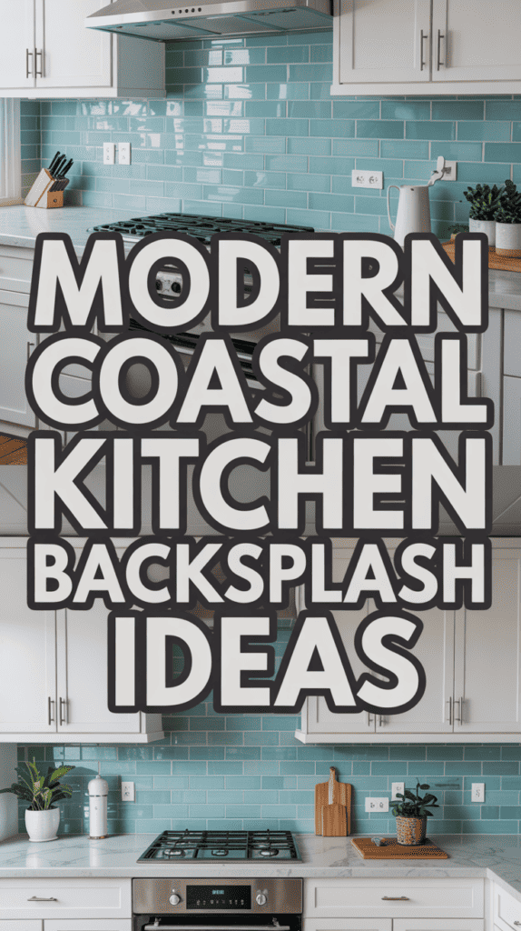 Modern kitchen with a turquoise tile backsplash, white cabinets, and black stovetop highlighted by bold text overlay.