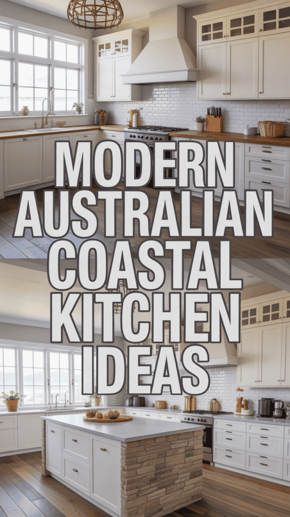 Split image of modern kitchens with white cabinets and text "Modern Australian Coastal Kitchen Ideas."
