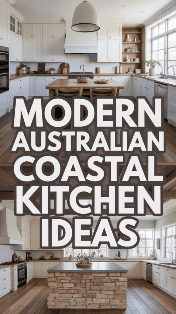 Split image of a modern, coastal kitchen with text: "Modern Australian Coastal Kitchen Ideas."