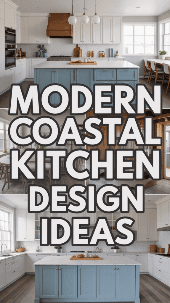 Text reading "Modern Coastal Kitchen Design Ideas" over images of kitchens with blue islands, white cabinets, and wooden accents.