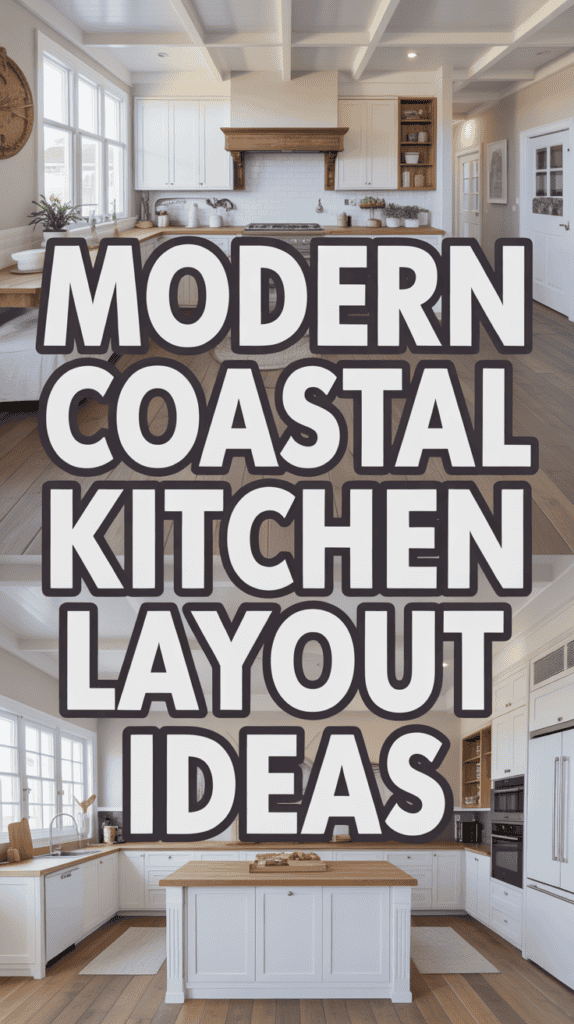 Modern kitchen with light wood floors, white cabinets, and large windows, overlaid with text: "Modern Coastal Kitchen Layout Ideas."