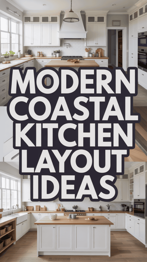 Modern white kitchen with large windows, wooden countertops, and "Modern Coastal Kitchen Layout Ideas" text overlay.