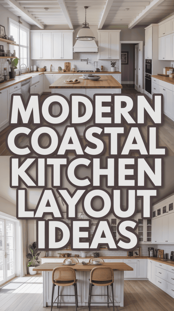 Modern kitchen with white cabinets, wooden countertops, and text overlay: "Modern Coastal Kitchen Layout Ideas."