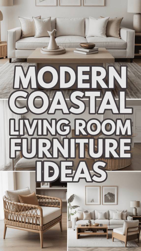 Modern coastal living room with beige sofa, wooden coffee table, and wicker chair, overlaid text: "Modern Coastal Living Room Furniture Ideas."