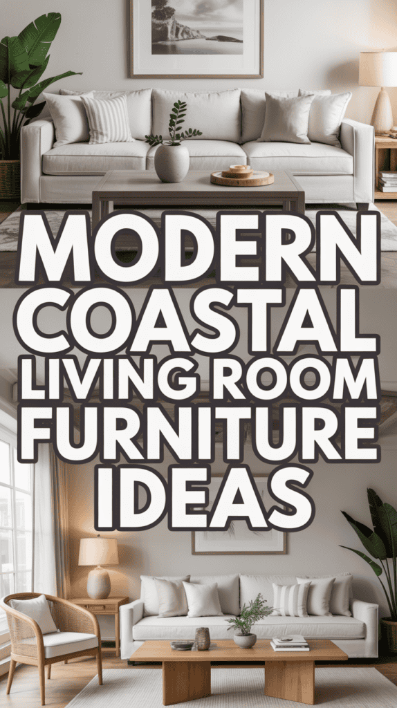 A modern coastal living room with a beige sofa, wooden coffee table, and plants, overlaid with the text "Modern Coastal Living Room Furniture Ideas."