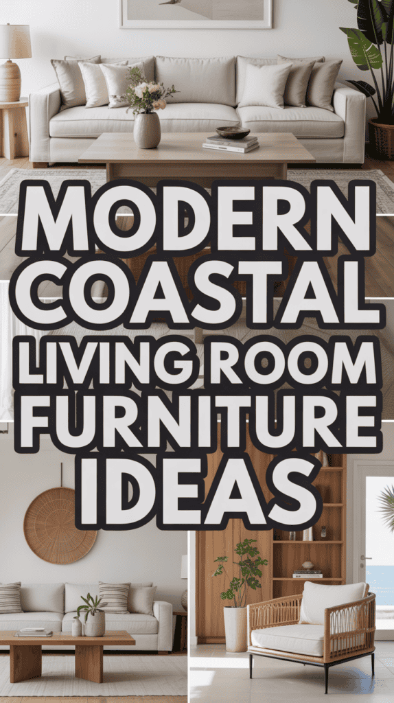 Modern living room furniture with a coastal theme, including a beige sofa, wooden coffee table, and light decor elements.