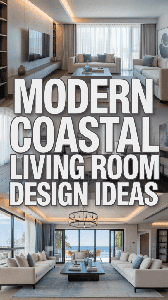 Modern coastal living room design ideas with airy spaces, large windows, and beach-inspired decor featuring neutral tones and blue accents.