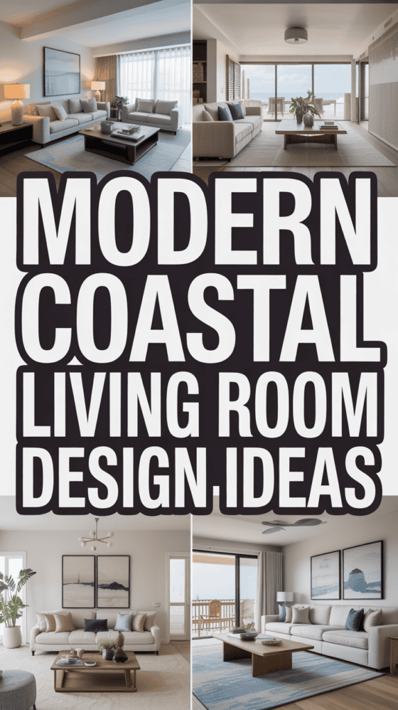 Collage of modern coastal living rooms with neutral tones and ocean views, featuring the text "Modern Coastal Living Room Design Ideas."