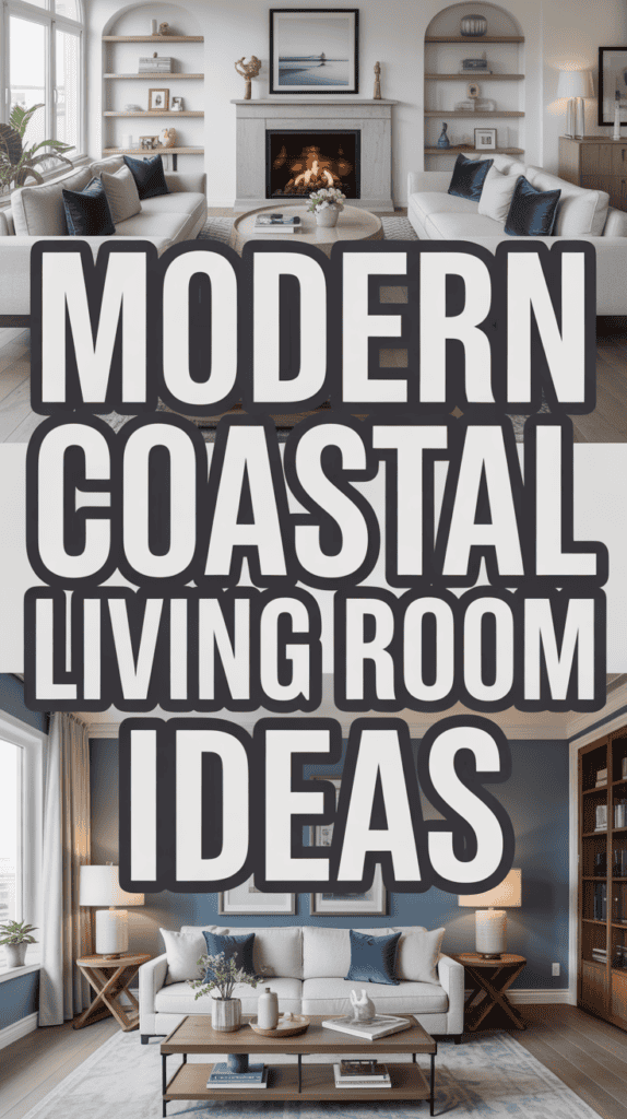Collage of modern coastal living room designs with large text reading "Modern Coastal Living Room Ideas."