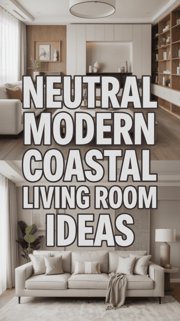 Text overlay on a split image of modern living rooms with neutral coastal design ideas.