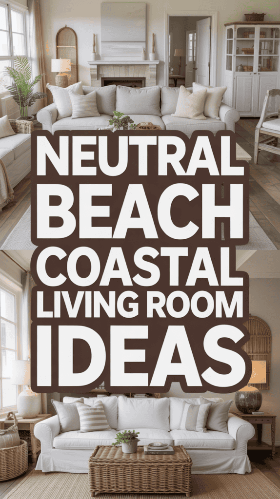 Neutral beach coastal living room with white sofas, wicker baskets, and beach-themed decor. Text: "Neutral Beach Coastal Living Room Ideas."